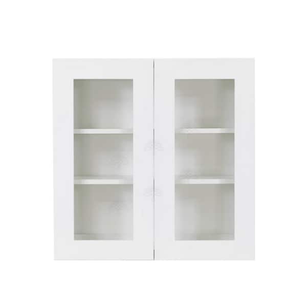 Lancaster White Plywood Shaker Stock Assembled Wall Glass Door Kitchen Cabinet 33 in. W x 30 in. H x 12 in. D