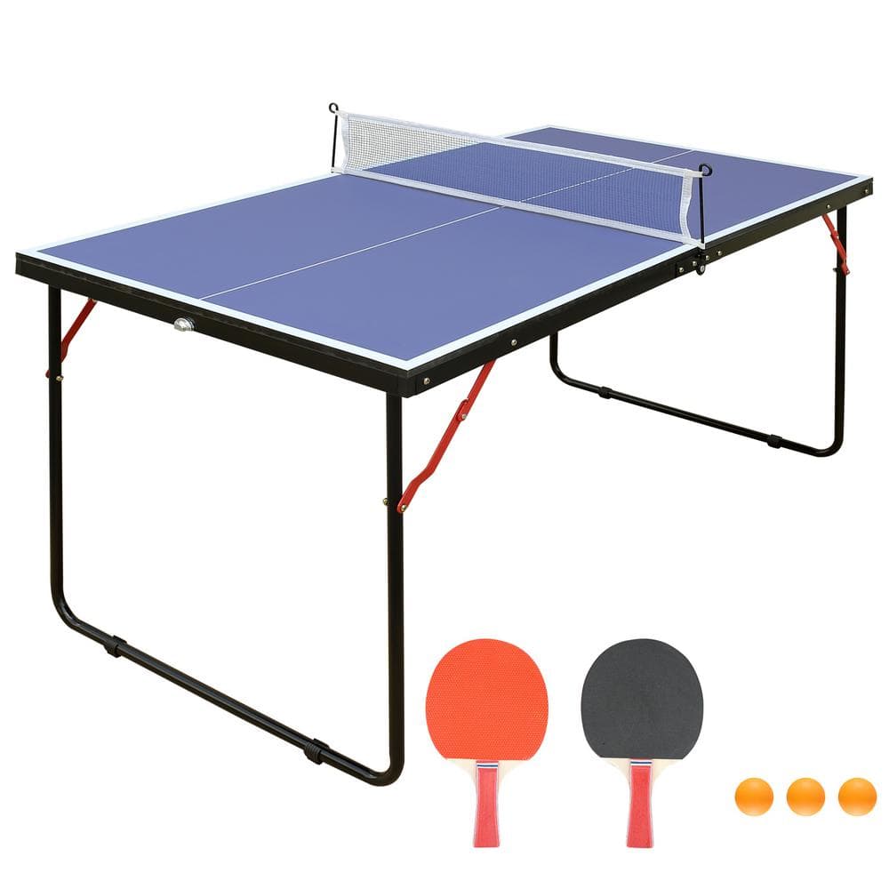 54 in. W Blue Midsize Foldable Portable Table Tennis Table Set with Net and 2 Ping Pong Paddles for Outdoor Game