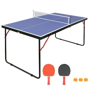 54 in. W Blue Midsize Foldable & Portable Table Tennis Table Set with Net and 2 Ping Pong Paddles for Outdoor Game