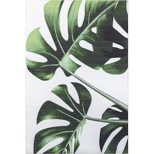 Hanni Leaves Machine Washable Green 5 ft. x 8 ft. Indoor/Outdoor Area Rug