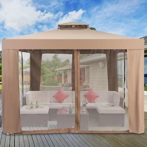 9.8 ft. x 9.8 ft. Brown Metal Frame Gazebo Canopy with Mosquito Mesh