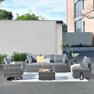 Hippish Gray 7-Piece Wicker Outdoor Patio Conversation Set with Dark Gray Cushions and Swivel Rocking Chairs