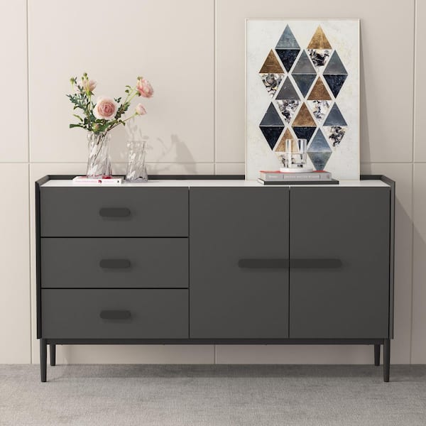 FUFU&GAGA Gray Wooden Accent Storage Cabinet, with 3 Drawers & 2 Doors, 55.1 in W. x 15.9 in D. x 31.5 in H.