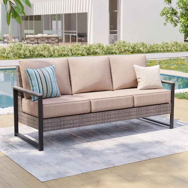 Sonkuki Outdoor 3-Seater Sofa Patio Conversation Set Patio Sofa Set All-Weather Gray Wicker with Sand Cushion