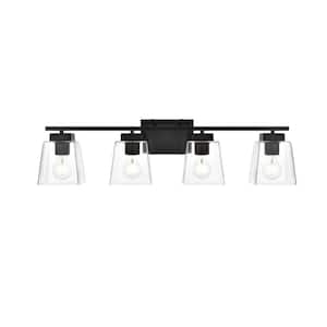 Simply Living 32 in. 4-Light Modern Black Vanity Light with Clear Bell Shade