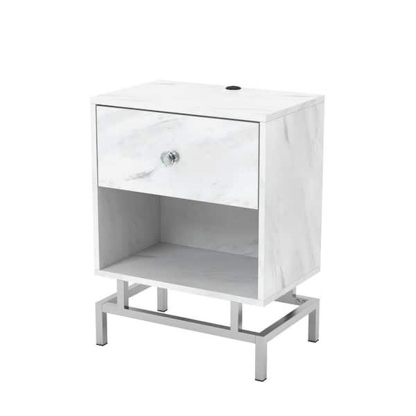 Furniture of America Milo 24 in. H Faux White Marble Side Table with USB Plug