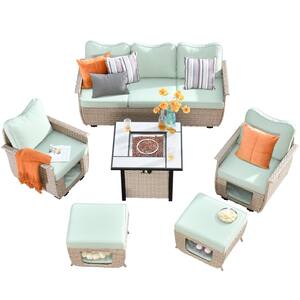 Echo Beige 6-Piece Wicker Outdoor Multi-Functional Patio Conversation Sofa Set with a Fire Pit and Light Green Cushions