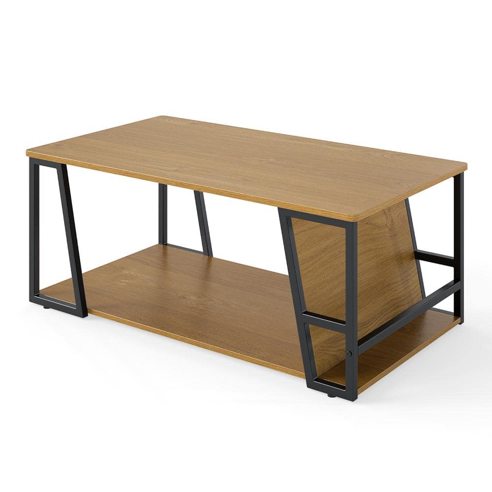 Natural Rectangle Industrial 2-Tier Coffee Table with Storage Shelf and Open Compartment