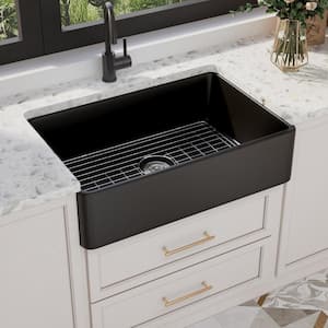 Feast Black Rectangular 33 in. L x 20 in. W Ceramic Single Bowl Farmhouse Apron Kitchen Sink with Grid and Strainer