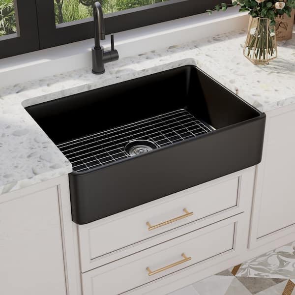 DEERVALLEY Feast Black Rectangular 33 in. L x 20 in. W Ceramic Single Bowl Farmhouse Apron Kitchen Sink with Grid and Strainer