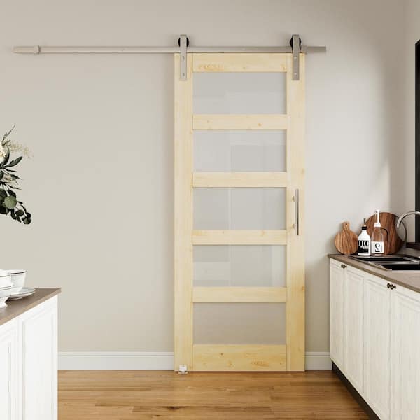 32 in. x 80 in. 5-Lite Frosted Glass Unfinished Glass Sliding Barn Door with Hardware Kit