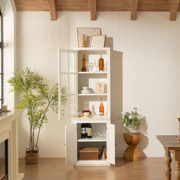 White 75.25 in. Accent Cabinet, Pantry Cabinet with Glass Door & Lattice Window, Double-Action LH&RH Door