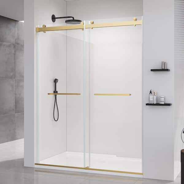 60 in. W x 76 in. H Double Sliding Frameless Soft Close Shower Door in Brushed Gold with 3/8 in. Clear Tempered Glass