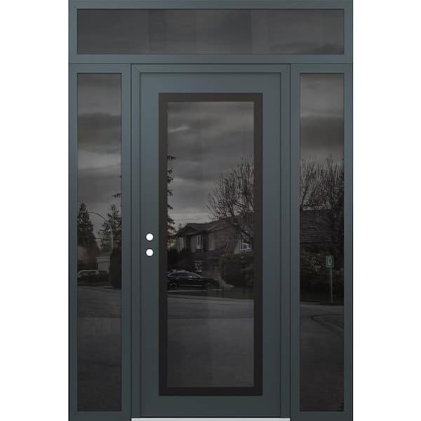 C1 60 in. x 96 in. Black P Right-Hand/Inswing Mirrored Glass Anth/Anth 2 Sidelite+Transom Steel Prehung Front Door