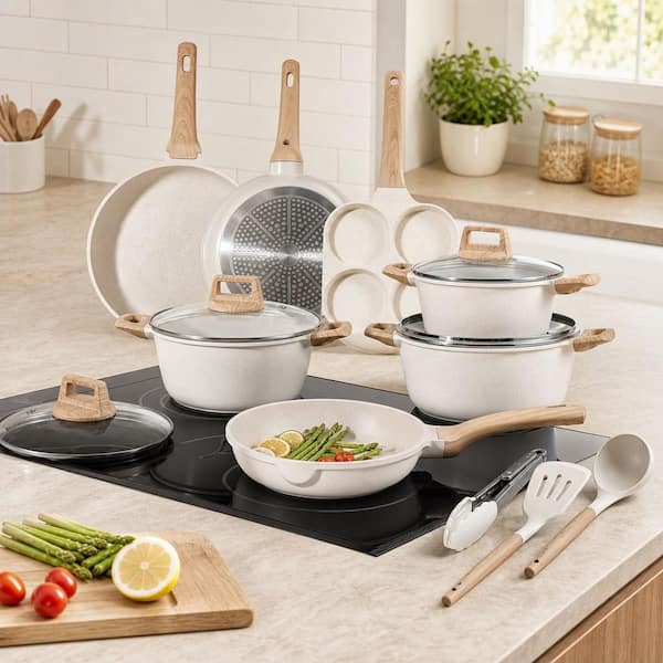 Numhew 21-Piece Cream White Die-Cast Aluminum Nonstick Cookware