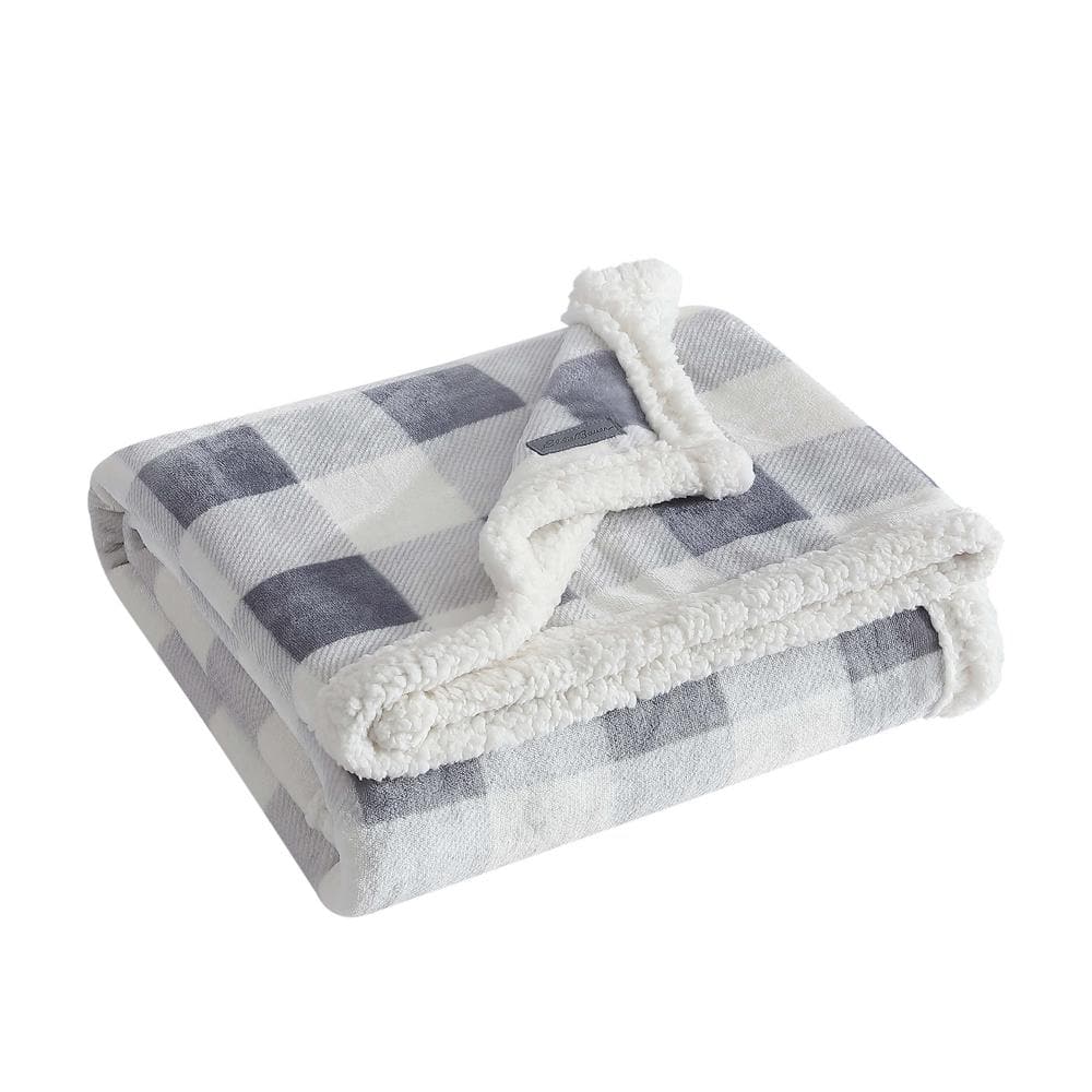 Mountain Plaid Grey Reversible Sherpa Fleece Throw Blanket