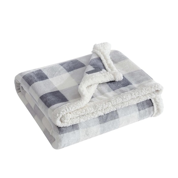 Eddie Bauer Ultra Plush Mountain Plaid Silver Sherpa Reverse Throw Blanket