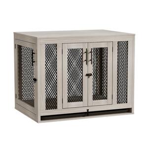 Large Wooden Dog Kennel Dog House Furniture with Cushion, Indoor Heavy-Duty Dog Cage for Large Medium Small Dogs in Gray