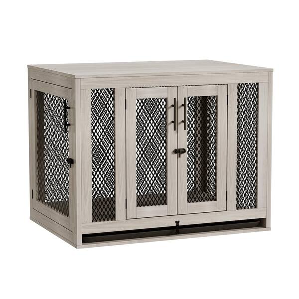 FUFU GAGA Large Wooden Dog Kennel Dog House Furniture with Cushion Indoor Heavy Duty Dog Cage for Large Medium Small Dogs in Gray Y THD 150157 02 01 cc The Home Depot