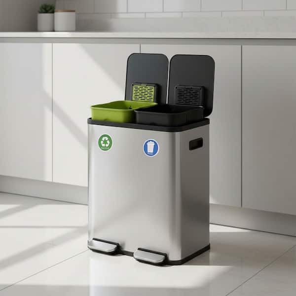 SIMPLI-MAGIC 16 Gal. Dual Compartment Step-On Kitchen Trash Can