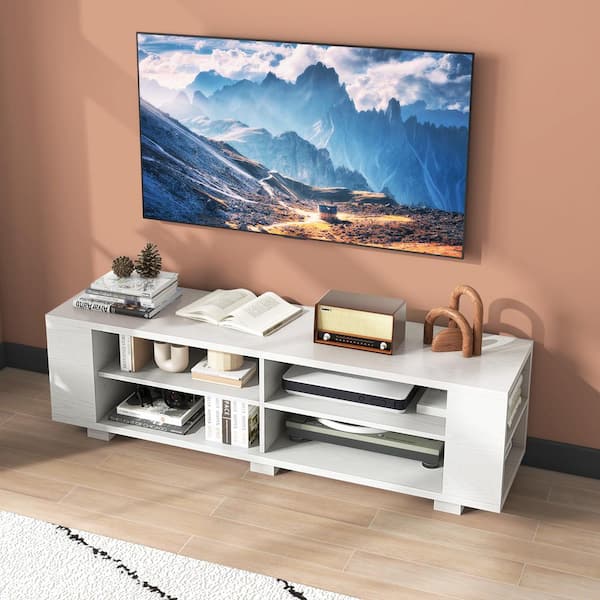 White Wood TV Stand with 8-Open Shelves Fits TVs up to 65 in. Flat Screen