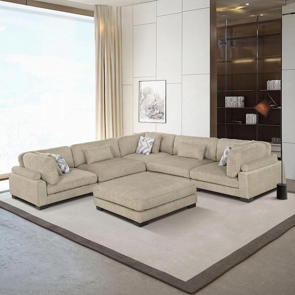 Beane 135 in. Pillow Top Arm 6-Piece Textured Microfiber Modular Sectional Sofa in. Brown with Ottoman