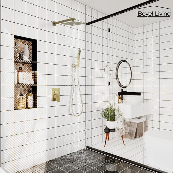 1-Spray Patterns with 2.5 GPM 10 in. Square Wall Mount Dual Shower Heads with Pressure Balance Valve in Brushed Gold