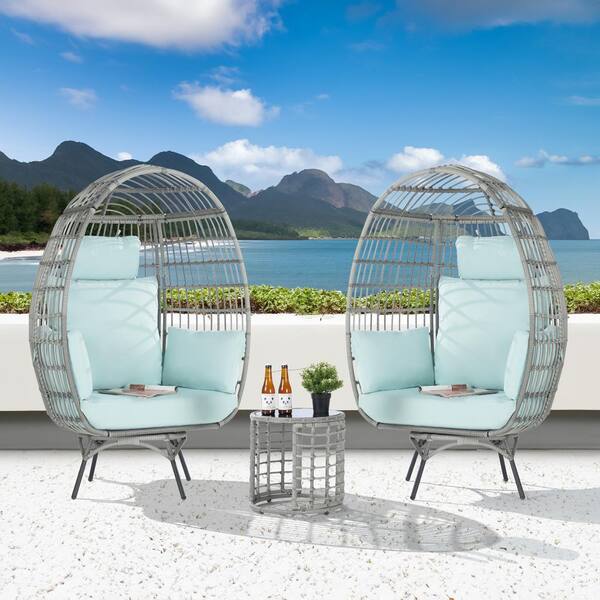 BFB 3-Piece Patio Wicker Swivel Lounge Outdoor Bistro Set with Side Table, Tiffany Blue Cushions