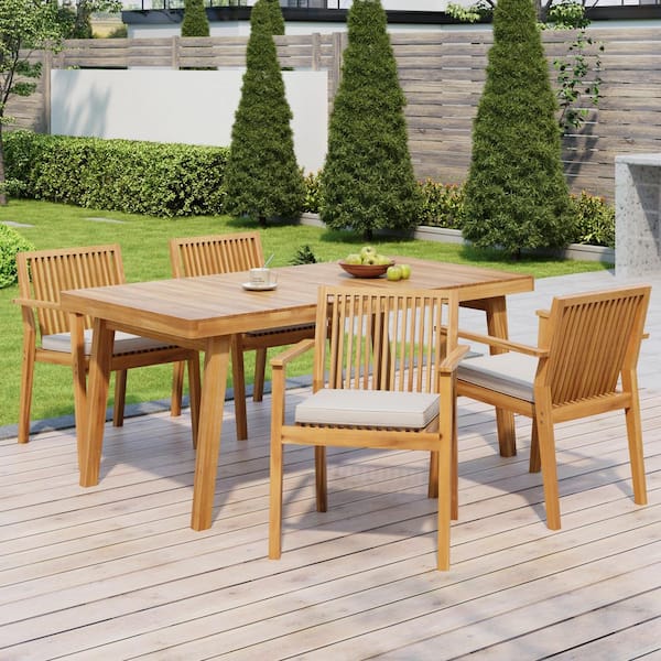 Riverbend Rustic Patio Natural 5-Piece Solid Wood Rectangle Outdoor Dining Set with Beige Cushions, Slat Design