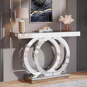 Turrella 43 in. Silver Rectangle Glass Console Table with Thickened Mirror Finish Tabletop, Sofa Table Entryway Table