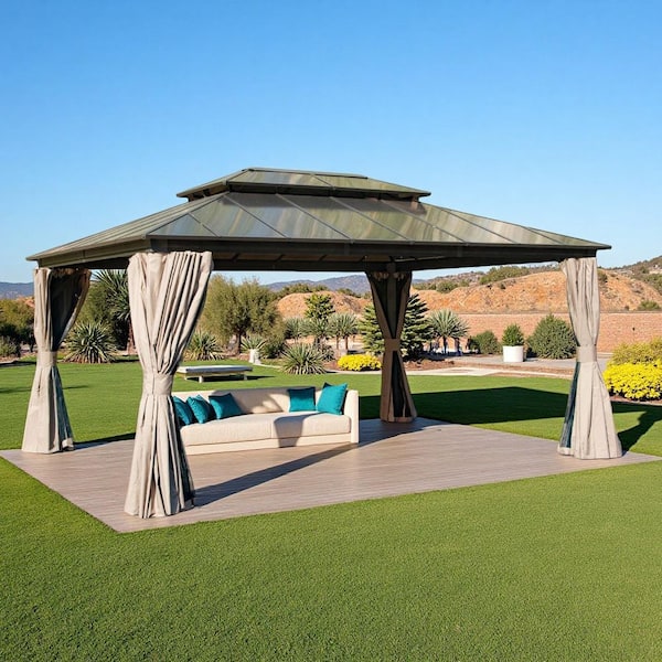 12 ft. x 16 ft. Brown Polycarbonate Double Roof Aluminum Hardtop Gazebo with Curtain and Net for Garden