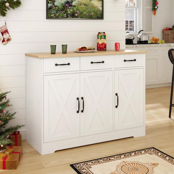 Multi-purpose Farmhouse White Wood Tabletop 43 in. Kitchen Island with Adjustable Shelf
