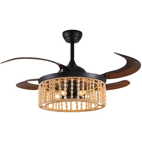 48 in. Indoor 5-Lights Bohemian Wood Bead Lampshade Black Ceiling Fan with Light Kit and Remote Control