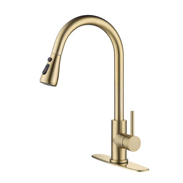 Lukvuzo Single Handle Pull Out Sprayer Kitchen Faucet Deckplate Included in Brushed Gold