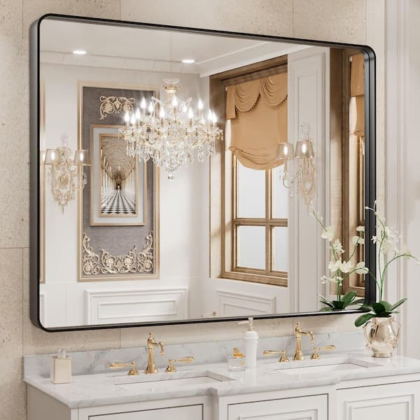 Swafrrt 32 in. W x 40 in. H Rectangular Aluminum Alloy Framed Rounded Modern Black Wall Mirror