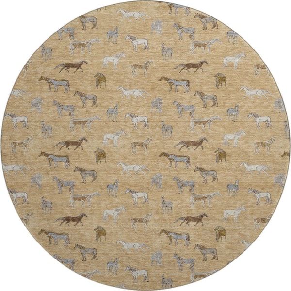 Mayfield Premium Machine Washable Abstract AMF2521 Gold 8 ft. x 8 ft. Round Rug