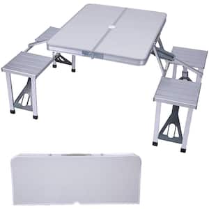 33.5 in. Silver Rectangle Metal Outdoor Folding Picnic Table Portable Camping Table Set with Umbrella Hole (4-Person)