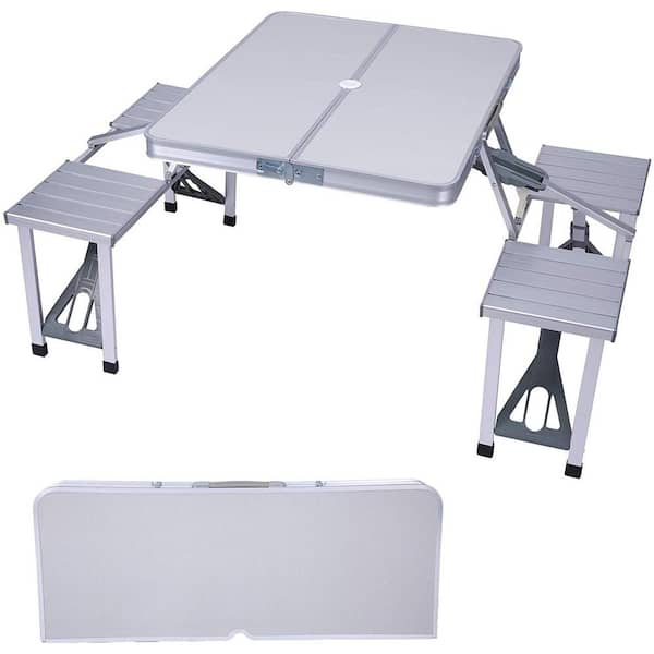 Anvil 33.5 in. Silver Rectangle Metal Outdoor Folding Picnic Table Portable Camping Table Set with Umbrella Hole (4-Person)