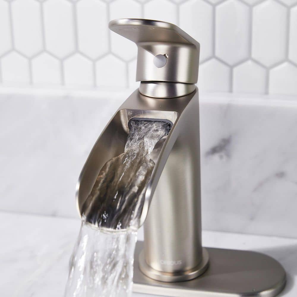Brushed Nickel Waterfall Single Handle Bathroom Faucet with Pop-Up Drain