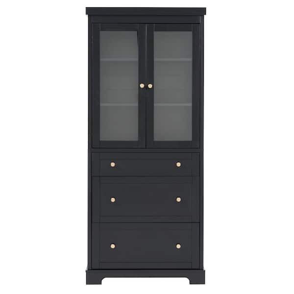 30 in. W x 16 in. D x 70 in. H Black MDF Freestanding Linen Cabinet with Adjustable Shelves and Drawers