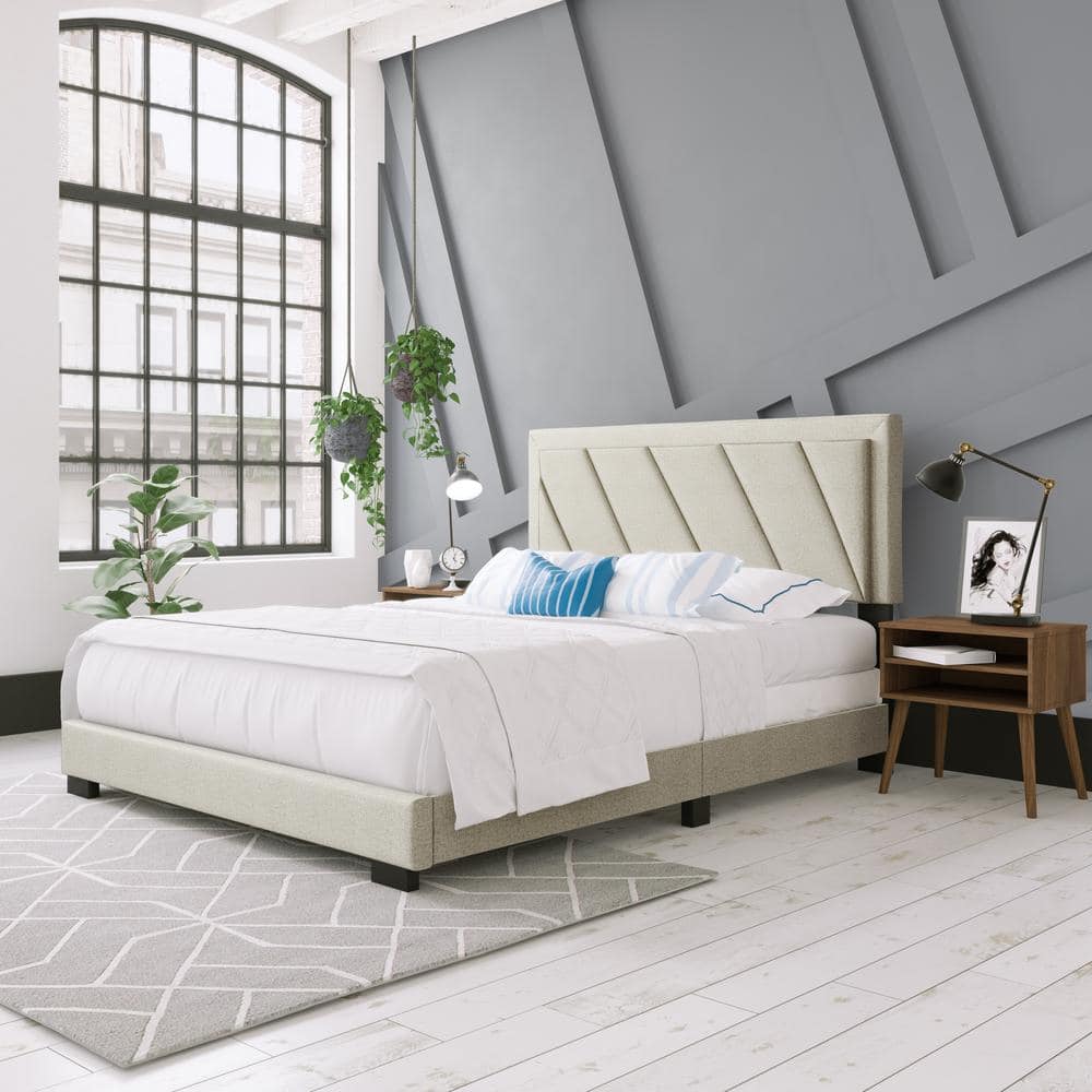 Diagonal Blue-Gray Linen Upholstered Full Platform Bed with Tufted Headboard