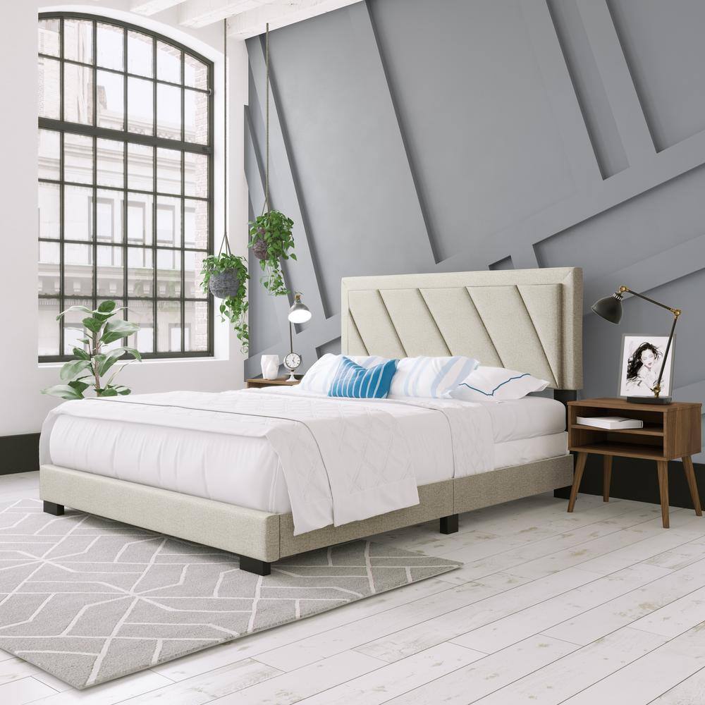 King Linen Upholstered Wood Frame Bed with Tufted Headboard