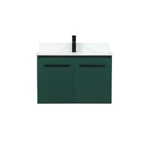 30 in. W Single Bath Vanity in Green with Engineered Stone Vanity Top in Ivory with White Basin with Backsplash