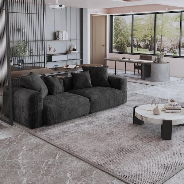 J&E Home 102.36 in. Square Arm Corduroy Velvet Rectangle Sofa in. Black