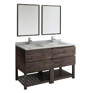 Formosa 60 in. Double Vanity with Open Bottom in Warm Gray with Quartz Stone Vanity Top in White w/ White Basins, Mirror