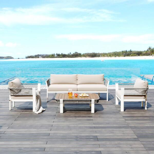 Staykiwi 4-Piece Metal Patio Conversation Set with Beige Cushions ...