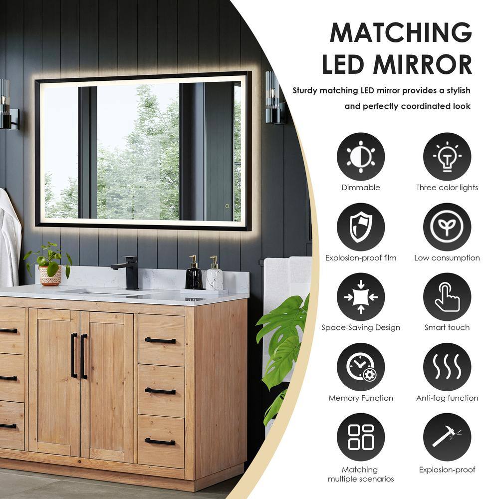 Cicero 60" Light Brown Fir Wood Vanity with White Stone Top and Mirror