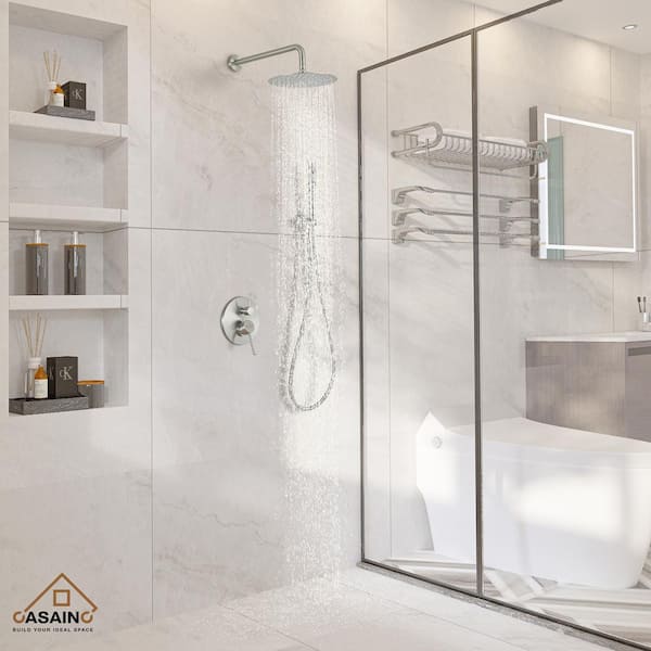 2-Function 10 in.Wall-Mounted Round Shower System with Handheld Shower in Brushed Nickel