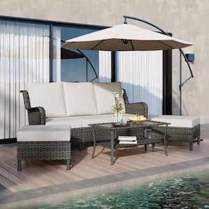 Gray 6-Piece Wicker Rattan Patio Conversation Outdoor Sectional Sofa and Coffee Table, Ottoman Set with Beige Cushions