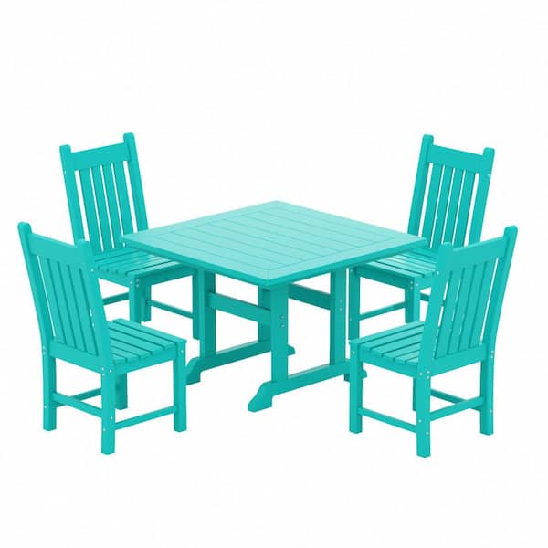 Hayes 43 in. All Weather HDPE Plastic Square Outdoor Dining Trestle Table with Umbrella Hole in Turquoise
